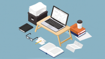 Open laptop sits on tray surrounded by glasses, books, and coffee cup